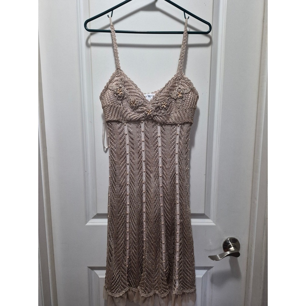 Sue Wong Nocturne Champagne Gold Metallic Knit Beaded Dress Womens 10P Petite